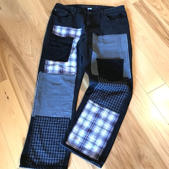 Men’s Hippie Patchwork Jeans, 36x30: Grunge Black Jeans with Gray Black Patches - Picture 10 of 10